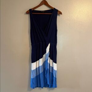 Spense Navy, White & Light Blue Sleeveless Wrap Midi Dress